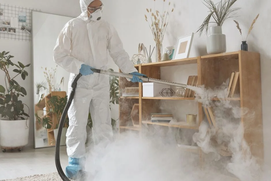 Cleaner using a vacuum in a stylish indoor setting, showcasing cleaning equipment and techniques.